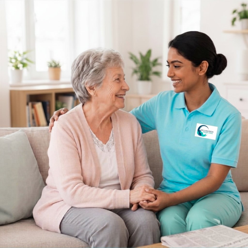 A compassionate carer supporting an elderly person comfortably in their home living room in Hillingdon